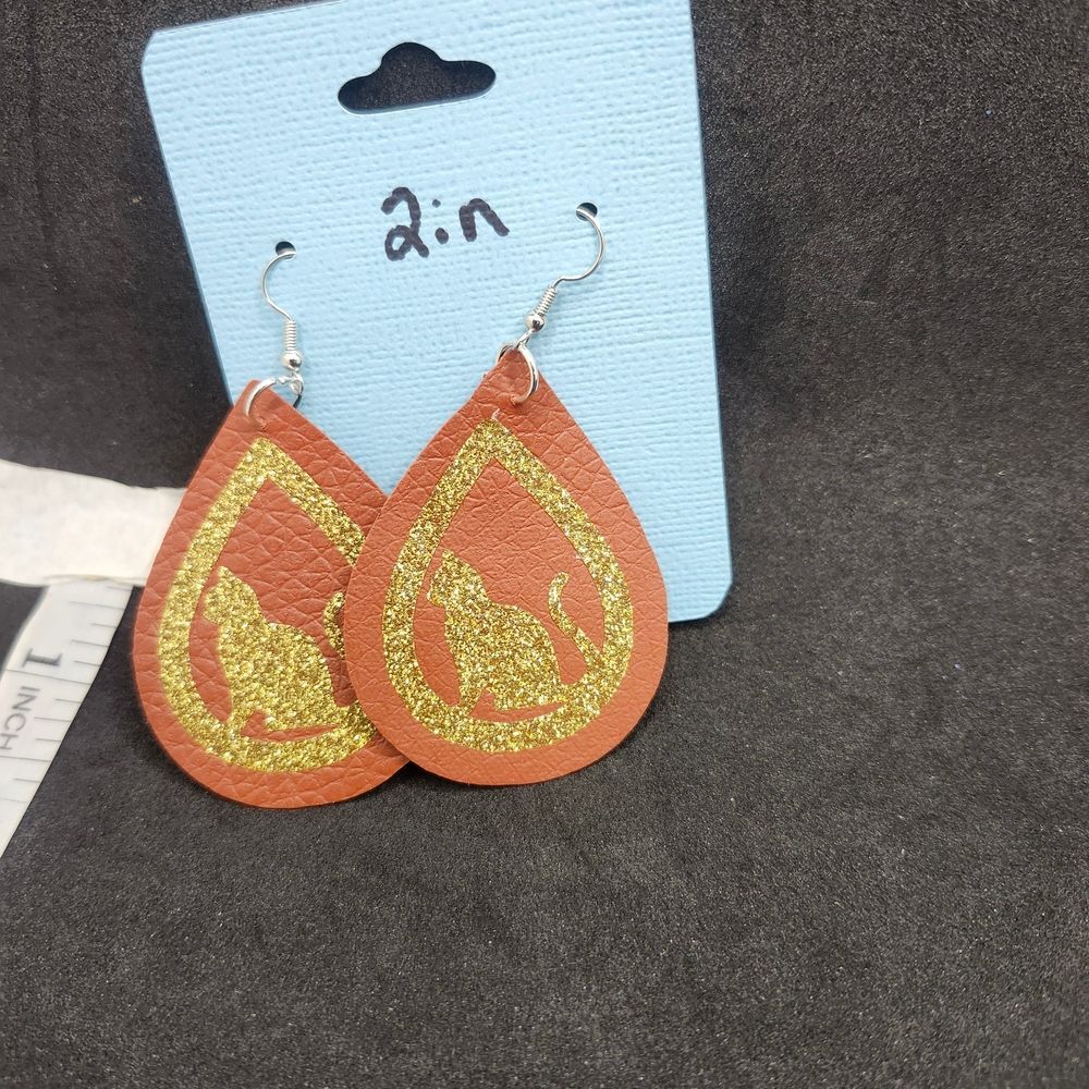 Hand Crafted Dangle Earring Faux Leather Brown and Gold Cat